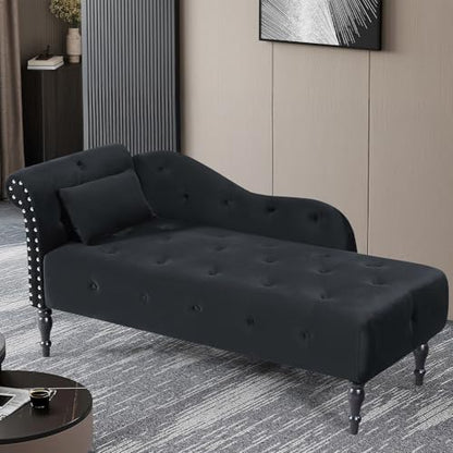 60" Modern Velvet Chaise Lounge Indoor, Upholstered Chair with Left Armrest and Lumbar Pillow, Button Tufted Lounge Sofa for Living Room Bedroom Office, Mini Chaise Longue Sofa (Black) - color: Black