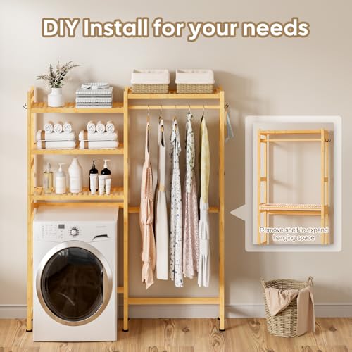 Cozivolife Over The Washer Dryer Storage Shelf: Bamboo 5 Tiers (Natural) | Laundry Room Drying Rack with Adjustable Shelves and 4 Hooks - Space Saver Organizer for Hanging Clothes and Towels - color: Natural
