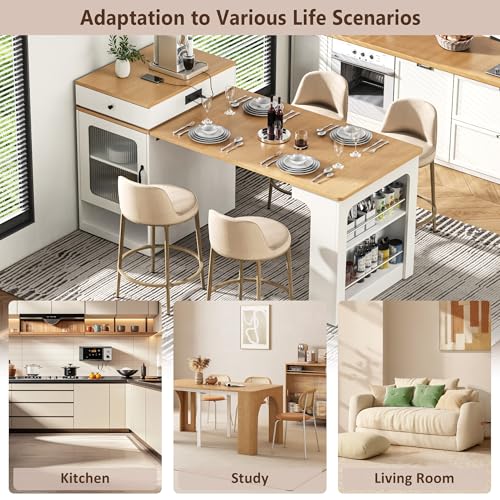 59.5" Kitchen Island with Extendable Dining Table, Kitchen Storage Table with Double-Sided Storage & 2 Drawers, Power Outlet, Side Open Shelves, for Dining Room (White3) - color: White3