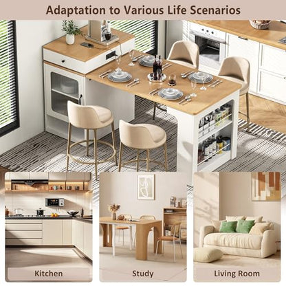 59.5" Kitchen Island with Extendable Dining Table, Kitchen Storage Table with Double-Sided Storage & 2 Drawers, Power Outlet, Side Open Shelves, for Dining Room (White3) - color: White3