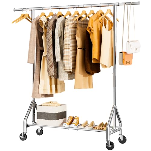 HYSEYY Heavy Duty Clothes Rack Load 450 LBS, Metal Garment Rack, Standing Rolling Clothing Rack for Hanging Clothes with Sturdy Wheels & Shelves, Portable Closet Wardrobe Rack,Sliver - color: Sliver
