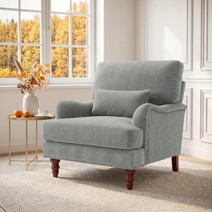 Mid-Century Modern Accent Chair with Lumbar Pillow, Light Grey, 2 Pack | Upholstered Chenille Armchair, Solid Wood Frame & Legs, Comfy Reading Lounge Sofa for Living Room Bedroom, & Small Spaces - color: Chenille Light Grey, size: 2 Seat