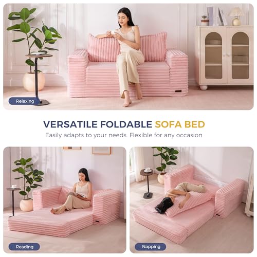 MAXYOYO Convertible Sofa Bed, Pull-Out Loveseat Couch Bed for Small Space | 2 in 1 Folding Couch Bed with Large Back Pillow, Plush Faux Fabric Lounge Couch for Living Room, Apartment, Pink - color: Pink