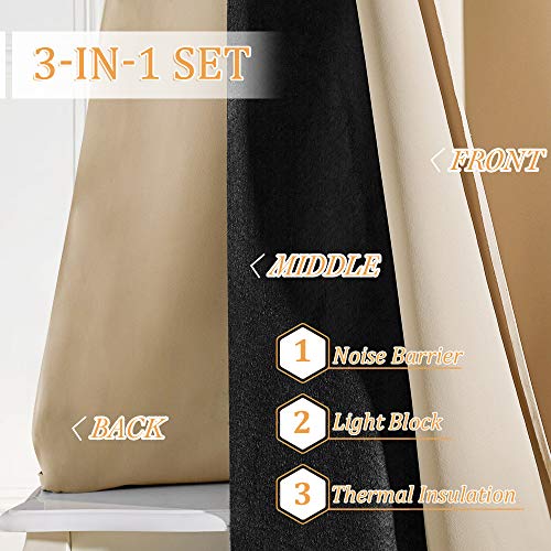 RYB HOME Soundproof Curtains for Bedroom - Light Block Noise Reducing Curains 3 Layers Inside Detachable Felt Liner Acoustic Drapes for Living Room, W 52 x L 63, Biscotti Beige, 1 Pair | Thermal Insulated, Energy Efficiency Heavy Duty, Grommet, For Kids R