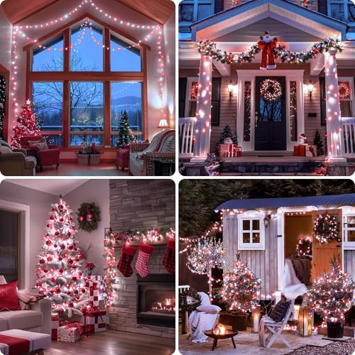 JMEXSUSS 2 Pack Red and White Battery Christmas Lights | Each 33ft 100 LED Battery Powered String Lights with Remote for Tree Patio Yard House Party Birthday Outside - color: Red&White, size: 2*100LED