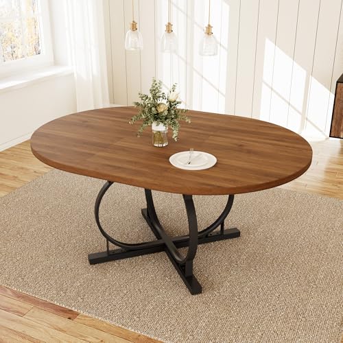 HIPIHOM Extendable Round Oval Dining Table Walnut Seats 4-6 People | 43.3"-59" MDF Table with Hidden Sliding Rails, Space-Saving X-Shaped Metal Frame Perfect for Dining, Apartment, Small Spaces - color: Walunt Table, size: Round Table Only