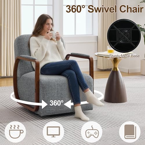 32" Chenille Upholstered Swivel Accent Chairs Set of 2, 360° Rotating Metal Base Modern Lounge Chair with Wooden Armrests for Living Room Bedroom, Grey - color: Grey, size: 2 Pack