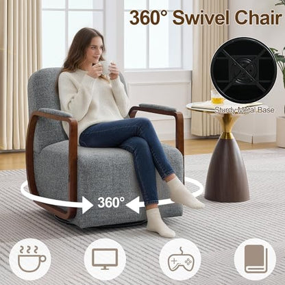 32" Chenille Upholstered Swivel Accent Chairs Set of 2, 360° Rotating Metal Base Modern Lounge Chair with Wooden Armrests for Living Room Bedroom, Grey - color: Grey, size: 2 Pack