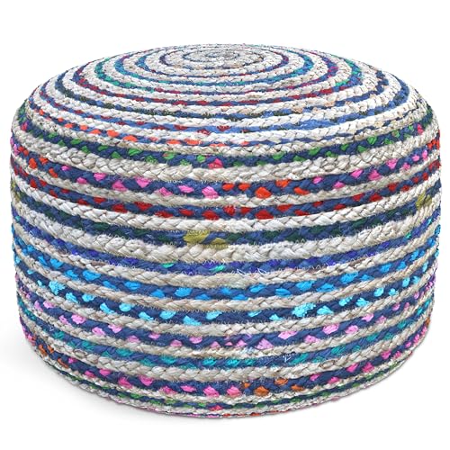 SIMPLIHOME Margo 30" Wide Round Pouf in Natural Jute and Cotton | Boho footstool, braided pouf, extra seating for living room or bedroom with polystyrene bead filling, assembled; accent seat. - color: Multi-blue, style: Pouf