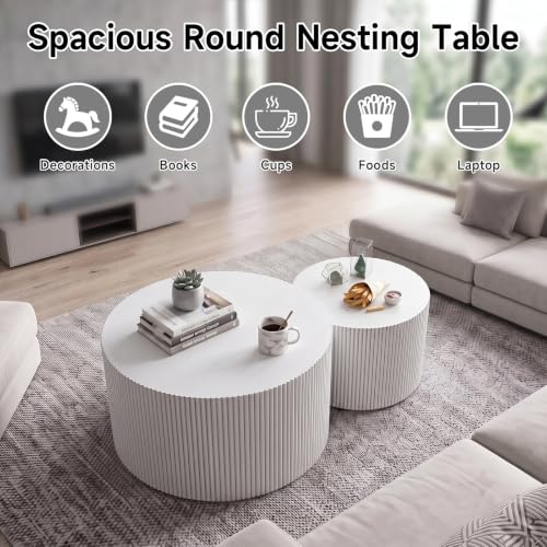 Nesting Round Coffee Table Set of 2 White No Assembly | Nesting Drum Tables, Modern End Table with Vertical Fluted Design Coffee Tables for Living Room, Office, Bedroom - color: White