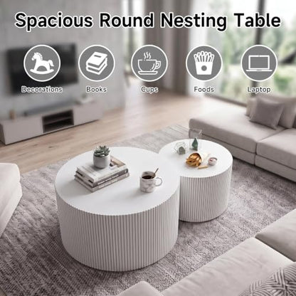 Nesting Round Coffee Table Set of 2 White No Assembly | Nesting Drum Tables, Modern End Table with Vertical Fluted Design Coffee Tables for Living Room, Office, Bedroom - color: White