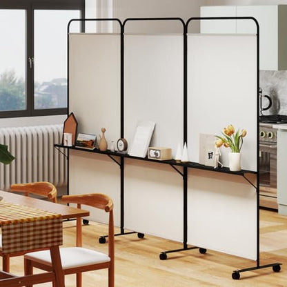 Giantex 3 Panel Room Divider with Wheels and Shelves, 103" W x 74" H Folding Privacy Screen, Rolling Partition Separator for Home Office Studio, Fabric Wall Divider for Room Separation (Beige) - color: Beige