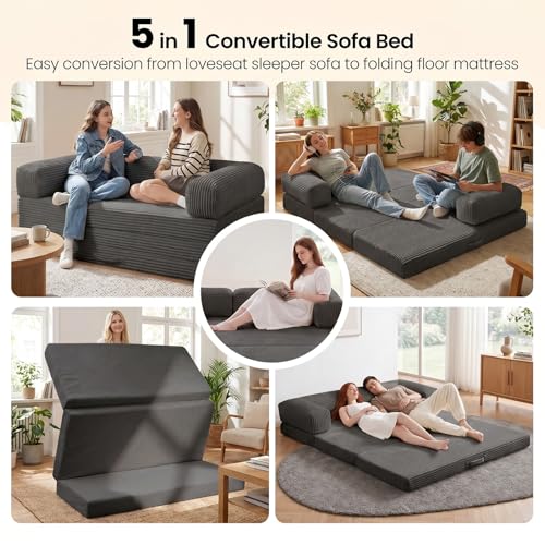 Erament Futon Sofa Bed Queen, Convertible Tri Folding Mattress Couch Bed Foldable with Removable Armrests & Washable Cover, Floor Mattress with High-Density Foam, Small Couch Bed, Queen, Grey - color: Grey, size: Queen