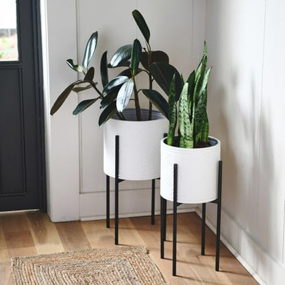 Main + Mesa Modern Boho Embossed Metal Planters with Stands, White and Black, Set of 2 Sizes - color: White/Black