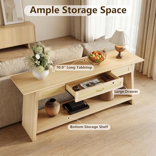 iPormis 70.9 Inches Rattan Entryway Table with Drawer, Narrow Long Console Table Behind Sofa, Wood Entry Accent Hallway Table for Living Room, Behind Couch, Entrance, Natural - color: Natural