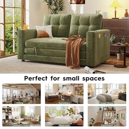 55" Convertible Folding Sofa Bed, Pull Out Couch Love Seat Sleeper Bed, Small Fold Out Loveseat sleeper with Cup Holder and Pillow for Small Space, Bedroom Lounge, Dorm, Living Room(Green Chenille) - color: Green
