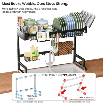 ADBIU Over The Sink Dish Drying Rack (Expandable Height and Length) Snap-On Design 2 Tier Large Dish Rack - color: Black, size: 22.6" - 35.5"(L) x 12"(W) x 19" - 22"(H)