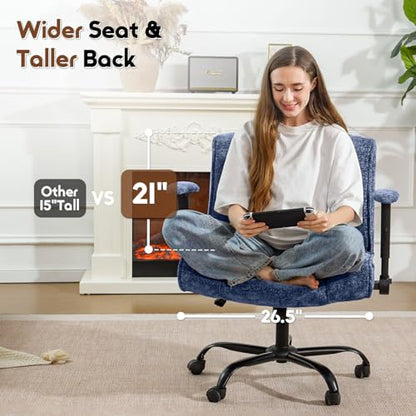 Criss Cross Chair with Wheels & Flip Arms, Wide Cross Legged Office Chair with Adjustable Tilt Criss-Cross Desk Chair with Lumbar Support for Home Office, Bedroom, Apartment Blue - color: Blue