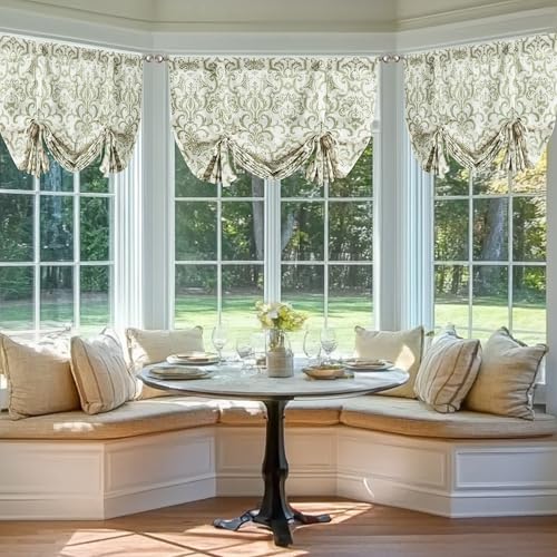 jinchan Floral Linen Kitchen Window Valance, Tie up, 42x54, 1 Panel, Green | Light filtering, linen blend, rod pocket, farmhouse style, rustic decor, kitchen, bathroom, laundry room, RV, small windows - color: Baroque | Sage Green on Flax, size: 42"W x 54