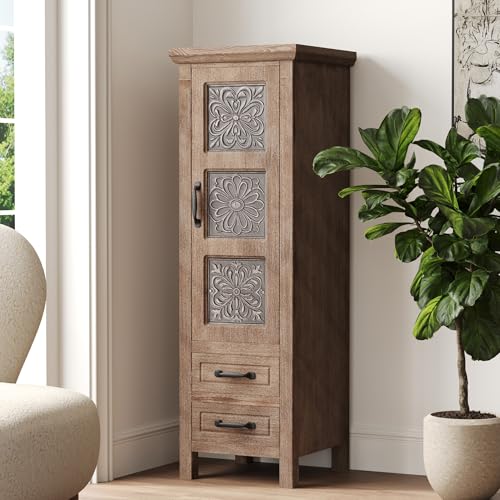 COSIEST 48" Narrow Farmhouse Accent Cabinet, Rustic Wood Storage Tower with 1 Door, 2 Drawers & Adjustable Shelves, Embossed Metal Panel Chest for Small Spaces, Hallway, Kitchen - size: 48 Inch Tall (1-Door 2-Drawer)