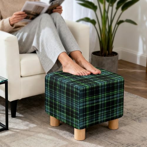 Green Scottish Tartan Print Ottoman Cover Square, Folding Storage Ottoman Slipcovers Jacquard Stretch Cube Footrest Foot Stool Covers Protector with Elastic Band - color: Green Scottish Tartan