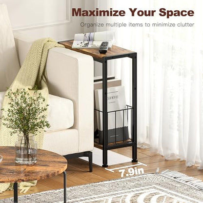 Narrow Side Table, Skinny End Tables with Magazine Holder, Small Sofa Table for Small Spaces, Space-Saving Design, Slim Nightstand Bedside Table for Living Room, Bedroom, Office, Rustic Brown - color: Rustic Brown