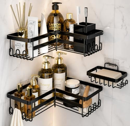 3-Tier Corner Shower Caddy, No-Drill Adhesive Bathroom Shelf Organizer with Hooks, Rustproof Metal Wall Mount Storage Rack for Shampoo, conditioner, soap & Toiletries, Black