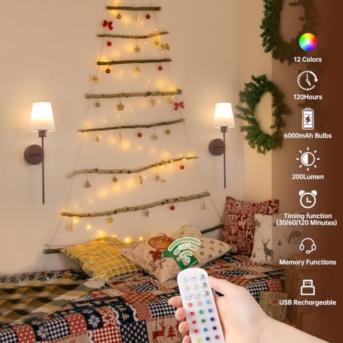 Shenmoyl Battery Operated Wall Sconces Set of 2, Iron Frame with Walnut Tone Paint, 6000 mAh Rechargeable Bulb Dimmable Wall Lamp for Living Room Bedroom - color: Walnut Finish