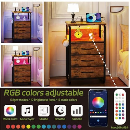 runjuly End Tables Set of 2 with Charging Station, LED Lights, Hooks, Brown | 3 Large Fabric Drawers, USB C Ports & Power Outlets, Metal Night Stand Pair, Storage Nightstand for Living Room / Bedroom - color: Rustic Brown, style: Larger+Taller Set of 2