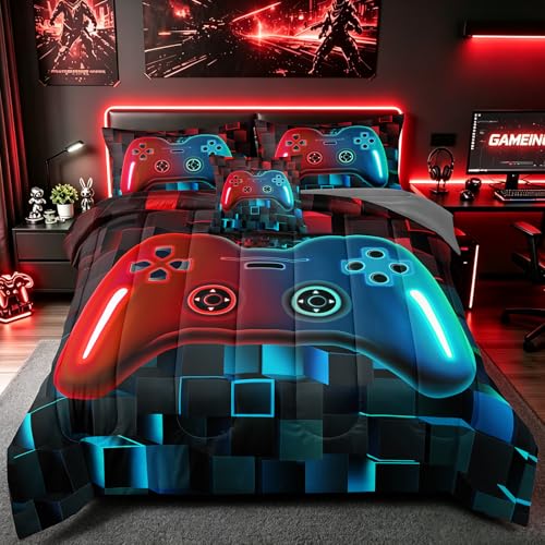 5 Pieces Kids Twin Size Gaming Bedding Set, Red Blue 3D Gradient Game Controller Comforter Set for Boys Girls Teens, Gamer Bed in a Bag Room Decor All Season Twin53 - color: Red Light Blue 53, size: Twin