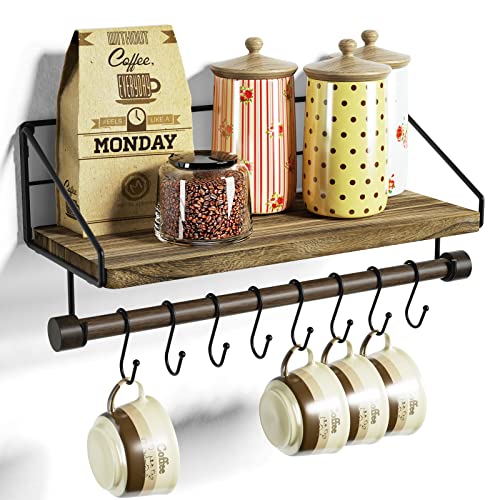 Alsonerbay Floating Shelf for Wall with Wooden Towel Bar, Carbonized Black | 8 removable hooks, rustic finish, space-saving, holds utensils & mugs, easy installation, kitchen & bathroom use - color: Carbonized Black