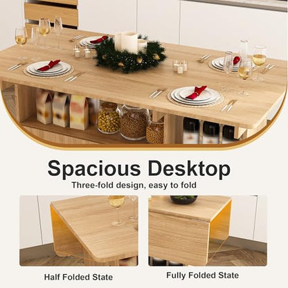 KEIKI 47 Inch Foldable Dining Table, Multi-Functional Folding Table with Storage Shelves and Wheels, Drop Leaf Extendable Dining Desk, Versatile Foldable Side Table for Kitchen, Dorm, Office, Walnut - color: Walnut