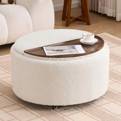 29.5" Round Storage Ottoman Coffee Table, Dual Reversible Lids, Beige | Round Ottoman Coffee Table, Swivel Casters, Hidden Storage, Dual Lift-Off Lids, Teddy Fabric, Living Room, Bedroom - color: Beige