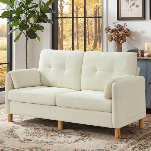 Mid Century Modern Couch, 65" Loveseat Sofa, Ivory | Storage Pockets, Upholstered Small Loveseat for Small Spaces, Bedroom, Home Office, Apartments - color: Beige