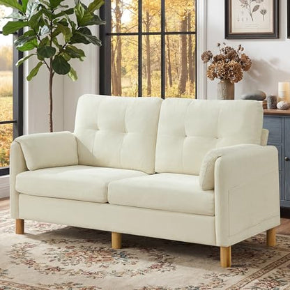 Mid Century Modern Couch, 65" Loveseat Sofa, Ivory | Storage Pockets, Upholstered Small Loveseat for Small Spaces, Bedroom, Home Office, Apartments - color: Beige