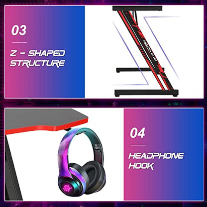 BestOffice | 47" Gaming Table | Red | Z-Shaped Computer Desk | with Steel Frame, Headphone Hook, Adjustable Feet | Carbon Fiber Texture| Easy to Clean | for Gaming, Home Office - color: Red, size: 47 Inch Z Shaped