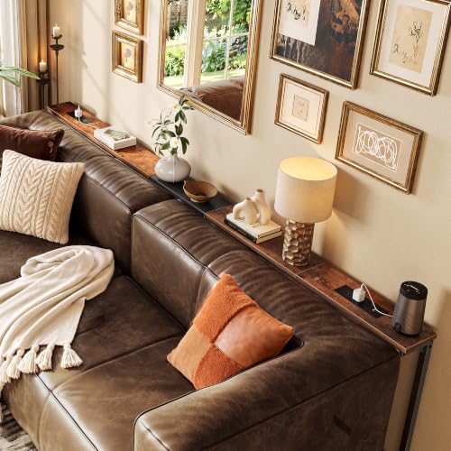 Huuger 78.7-94.5'' Extendable Behind Couch Table with Outlets, Rustic Brown | Stepless Length Adjustment, 2 Power Stations with USB-C Ports, Long Console Table, Slim Sofa Table - color: Rustic Brown, size: 78.7- 94.4"W x 29.5"H