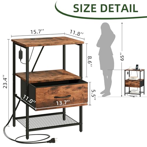 Somdot Nightstand with Charging Station & LED Light, Bedroom Bedside Table | Dorm, Guest Room, Kids Room, Laundry, Closet, Entryway and Hallway, Brown - color: Brown, size: 11.8"D x 15.7"W x 23.4"H (1 Drawers)