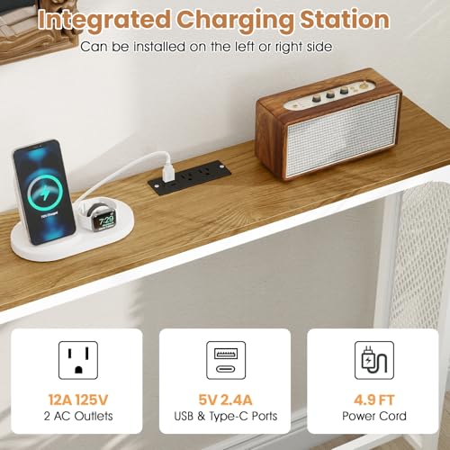 GIANTEX 71" Narrow Console Table with 2 Power Outlets and USB-C Ports | Sofa Table w/ Charging Station & Metal Frame, Skinny Behind Couch Tables, Long Entryway Tables for Living Room, Natural+White - color: Natural + White
