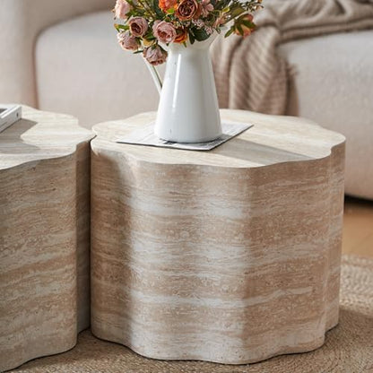Nesting Coffee Table Set of 2, Modern Wood Center Table for Living Room, Faux Mars Pattern Side Table Accent End Table for Apartment Office, No Need Assembly (26.7"& 23.6") - color: 26.7"& 23.6" Beige Brown