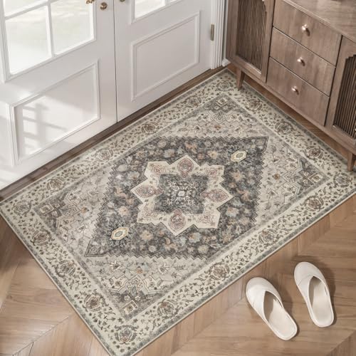 Tangsoo 2x3 Washable Rugs for Entryway, Vintage Non Slip Small Area Rug | Farmhouse Indoor Front Door Rug, Soft Low Pile Door Mat Small Carpet Throw Rugs for Entry Entrance Kitchen Bedroom Grey/Multi - color: Grey/Multi, size: 2' X 3' (Rectangular)
