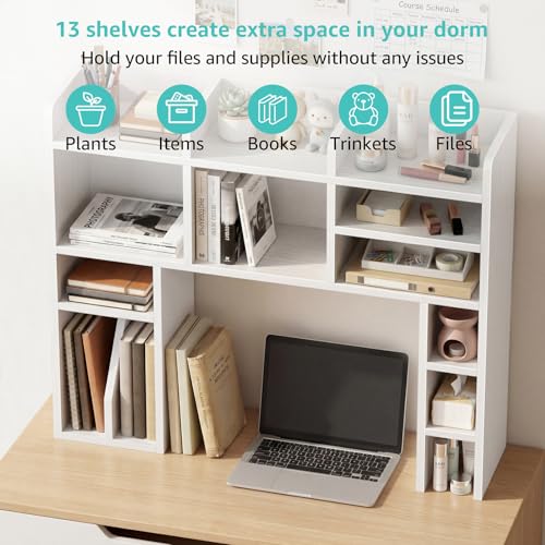 NUTIKAS White Desk Hutch Dorm with Shelves and File Organizer - 37" Wood Desktop Hutch for College Room, Desktop Bookshelf for Computer Desk, Space Saving Bookshelf