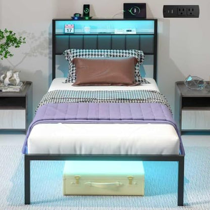 J.Fkne Twin Bed Frames with Charging Station and LED Lights, Twin Size Platform Bed with Metal Slats, Upholstered Headboard with 2-Tier Storage Shelves, No Box Spring Needed, Easy Assembly, Black - size: Twin, style: Casual