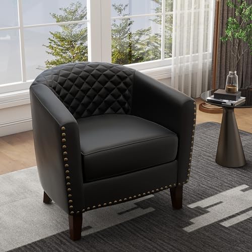 Faux Leather Accent Chair, Modern Barrel Club Chair, Black | Comfy Upholstered Armchair for Living Room, Round Club Chair Single Sofa Bedroom Reading Seat | 26"D*29"W*29"H - color: Black