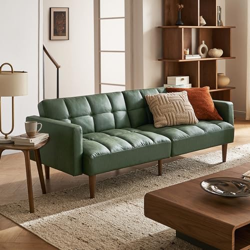 mopio 76.4" Futon Sofa Bed Tufted Styled, Sleeper Couch (Sage Green Faux Leather) - color: Aaron Pu, Sage Green