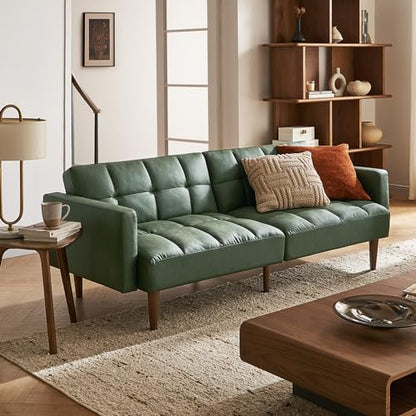 mopio 76.4" Futon Sofa Bed Tufted Styled, Sleeper Couch (Sage Green Faux Leather) - color: Aaron Pu, Sage Green