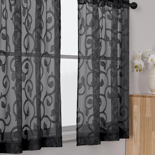 Furman Cafe Curtains 30 Inch Length 2 Panels Set, Elegant Geometric Jacquard Short Sheer CurtainsTiers for Kitchen/Living Room/Bedroom Small Window 28" W x 24" L,Black - color: Black, size: 28"W x 30"L (Pack of 2)