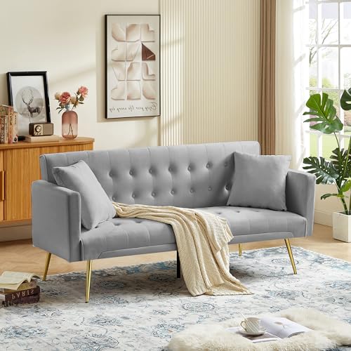 72''Modern Velvet Sofa Bed Futon,Convertible Folding Sleeper Couches with 3 Adjustable Backrests,Tufted Recliner Loveseat with Golden Chrome Legs for Living Room Apartment Office (Light Gray-new) - color: Light Gray-new