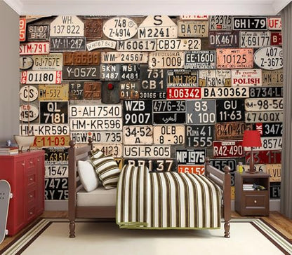 Eierme-Old License Plates from Around The World Mural Wallpaper Peel and Stick 90" x 67" - color: No.1, size: 90" x 67"