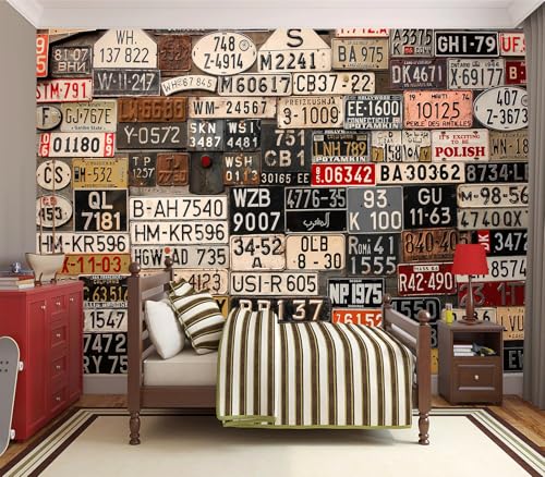 Eierme-Old License Plates from Around The World Mural Wallpaper Peel and Stick 90" x 67" - color: No.1, size: 90" x 67"